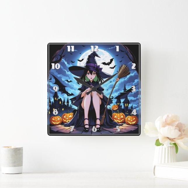 A witch sits by pumpkins under the moonlight square wall clock (Home)