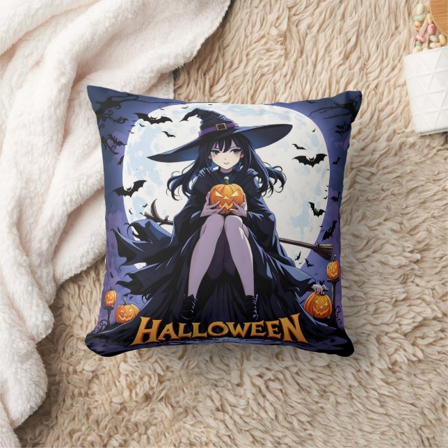 A witch with a pumpkin under a full moon cushion (Blanket)