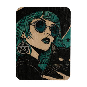 A witch with her black cat Woodblock print Magnet