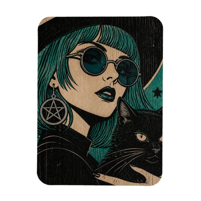 A witch with her black cat Woodblock print Magnet (Vertical)