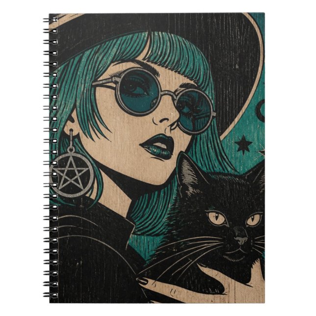 A witch with her black cat Woodblock print Notebook (Front)