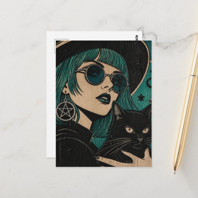A witch with her black cat Woodblock print Postcard (Front/Back In Situ)