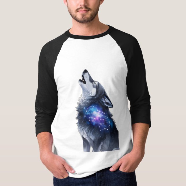 A wolf howling at a starry galaxy T-Shirt (Front)