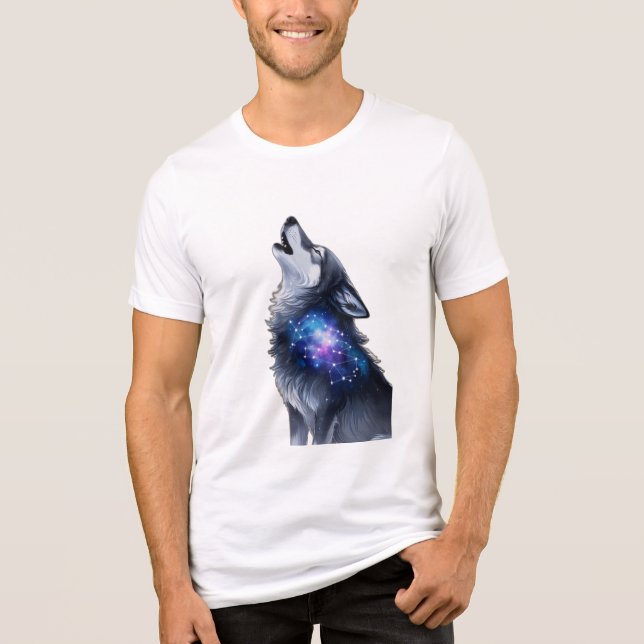 A wolf howling at a starry galaxy Tri-Blend shirt (Front)