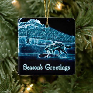 A Wolf On Snow - Season's Greetings Ceramic Ornament