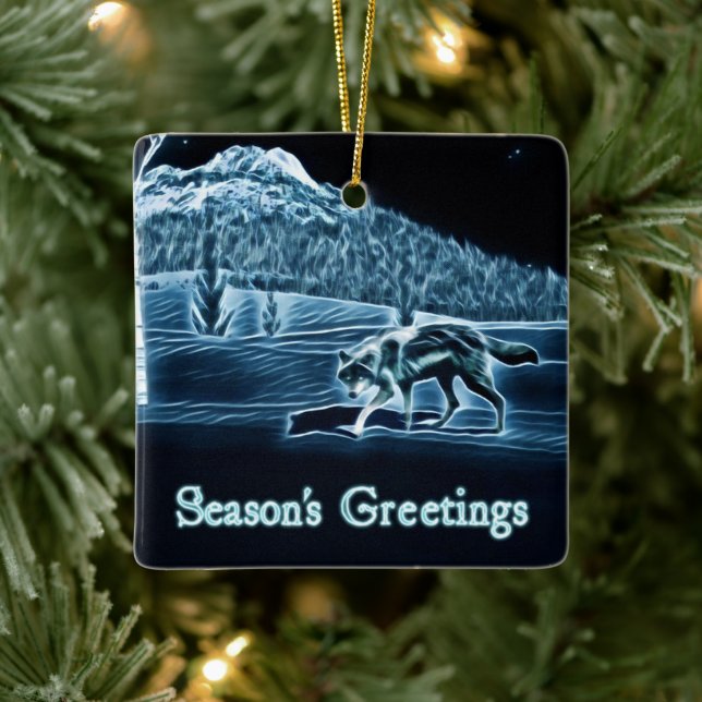 A Wolf On Snow - Season's Greetings Ceramic Ornament (Tree)
