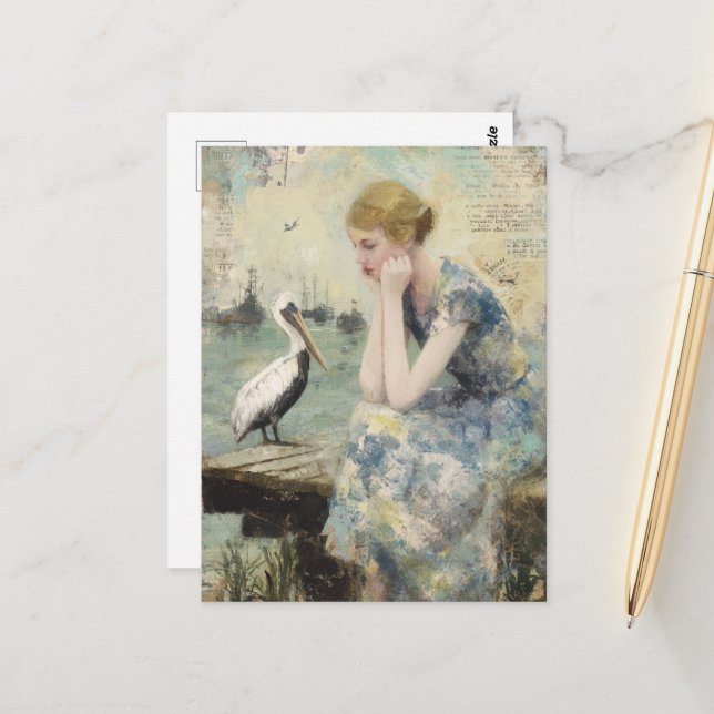 A Woman and a Pelican Mixed Media Collage Postcard (Front/Back In Situ)