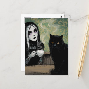 A Woman and Her Cat Morning Coffee Postcard