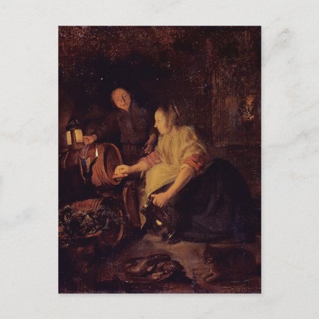 A Woman Drawing Wine from Barrel by Gabriel Metsu Postcard (Front)