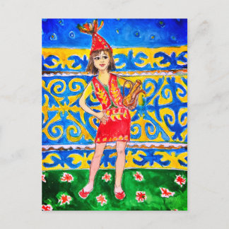 A woman dressed in traditional attire holiday postcard