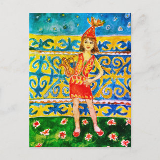 A woman dressed in traditional attire holiday postcard