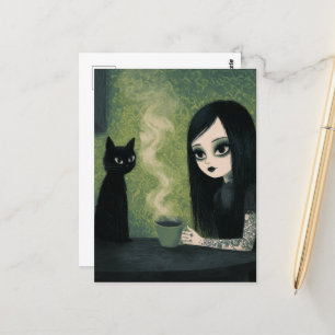 A Woman Enjoying Coffee and Her Black Cat Postcard