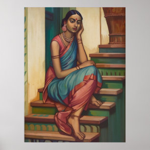 A woman from India engaged in thoughts Home Wall Poster