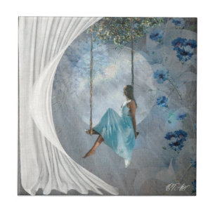 A woman in a blue dress on a swing     ceramic tile