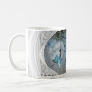 A woman in a blue dress on a swing coffee mug