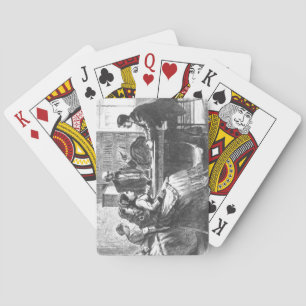 A woman negotiates with a factory manager, assiste playing cards