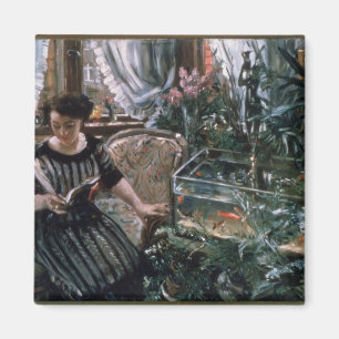 A Woman Reading near a Goldfish Tank Magnet
