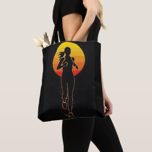 A woman runs and workout tote bag