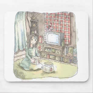 a woman sitting in a room with a square in an old mouse pad