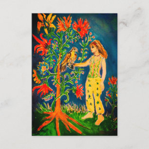 A woman standing beside a fantastical tree Enclosure Card