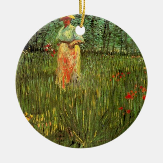 A Woman Walking in a Garden by Vincent van Gogh Ceramic Ornament (Front)