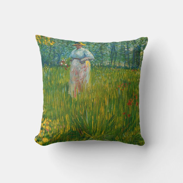 A Woman Walking in a Garden - Vincent van Gogh Cushion (Front)