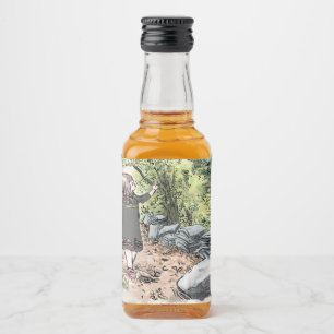 a woman walking on a country natural road with old liquor bottle label