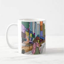 A woman walks down a bustling city street lined.