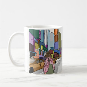 A woman walks down a bustling city street lined. coffee mug