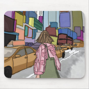 A woman walks down a bustling city street lined. mouse pad