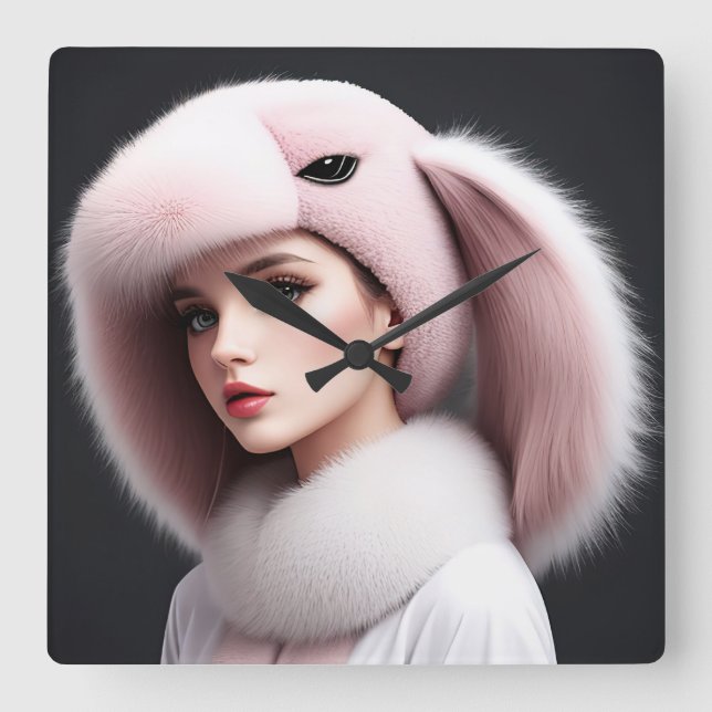A woman wearing a rabbit hat square wall clock (Front)