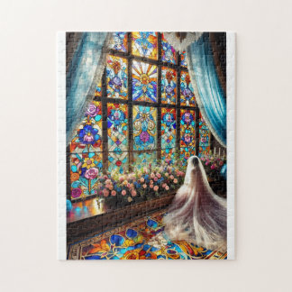 a woman who prays before a wedding jigsaw puzzle