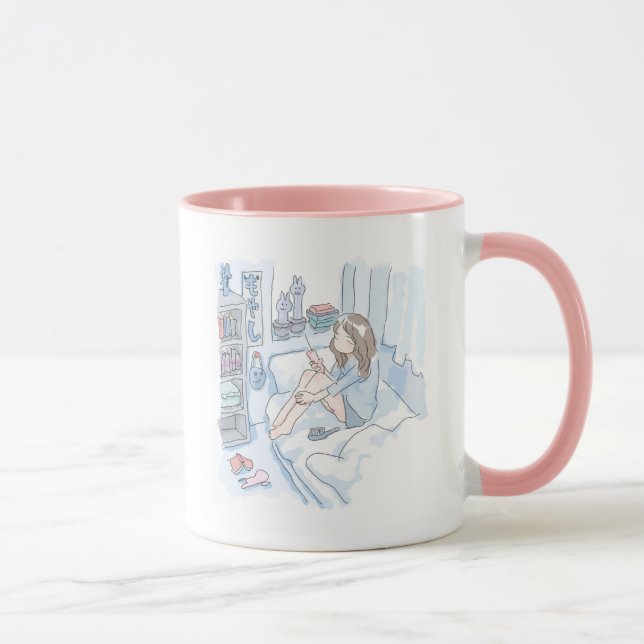 a woman who sits in a shabby blue bedroom and is d mug (Right)