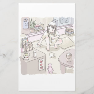 a woman who squatters in a room to clean up stationery