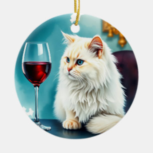 A woman wine/ and her cat ceramic ornament
