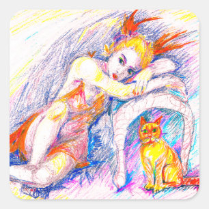 A woman with a cat square sticker