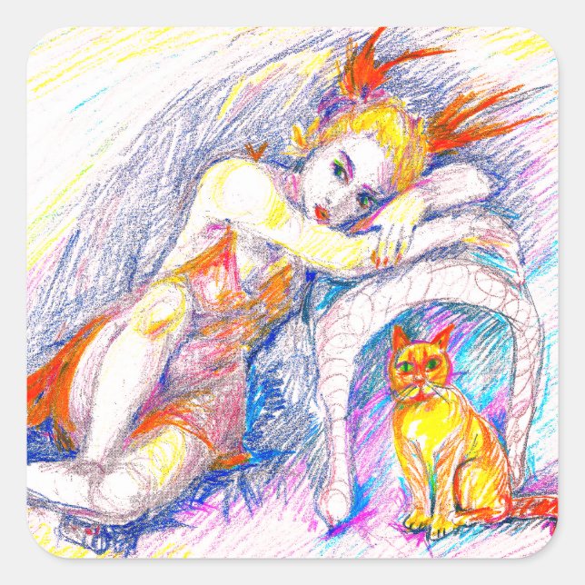 A woman with a cat square sticker (Front)