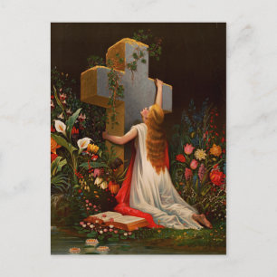 A woman with a cross is praying postcard