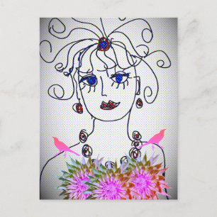 A woman with birds holiday postcard