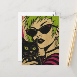 A woman with lime hair and her black cat woodblock postcard