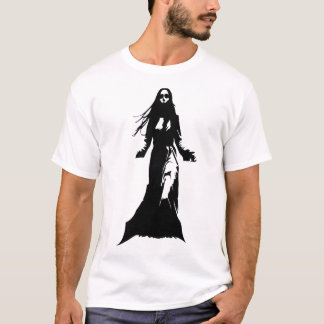 A woman with long hair, wearing a coat T-Shirt