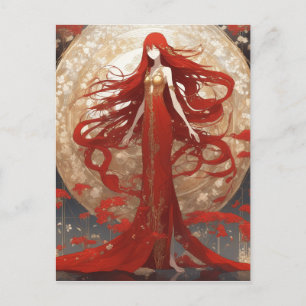 A woman with long, red hair is a striking figure. holiday postcard