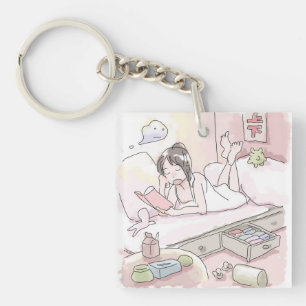 A woman's illustration of a pink bedroom lying dow key ring
