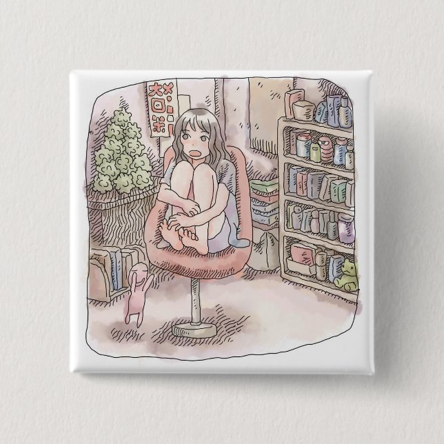 a woman's illustration of a room with a lottery bo 15 cm square badge (Front)