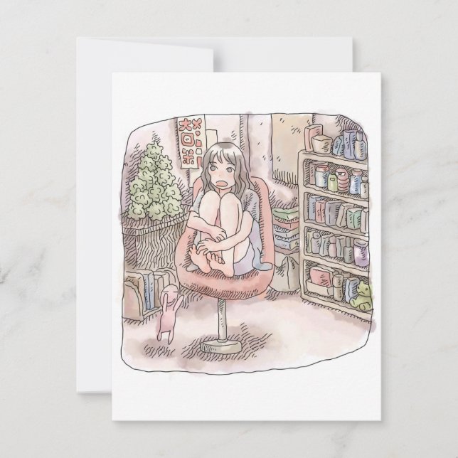 a woman's illustration of a room with a lottery bo card (Front)