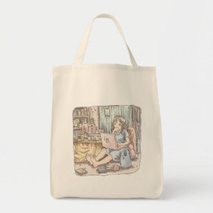 A woman's illustration sitting barefoot in a room  tote bag