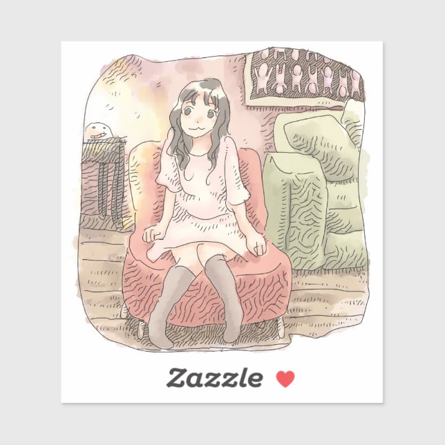 a woman's illustration sitting on a small red sofa (Sheet)