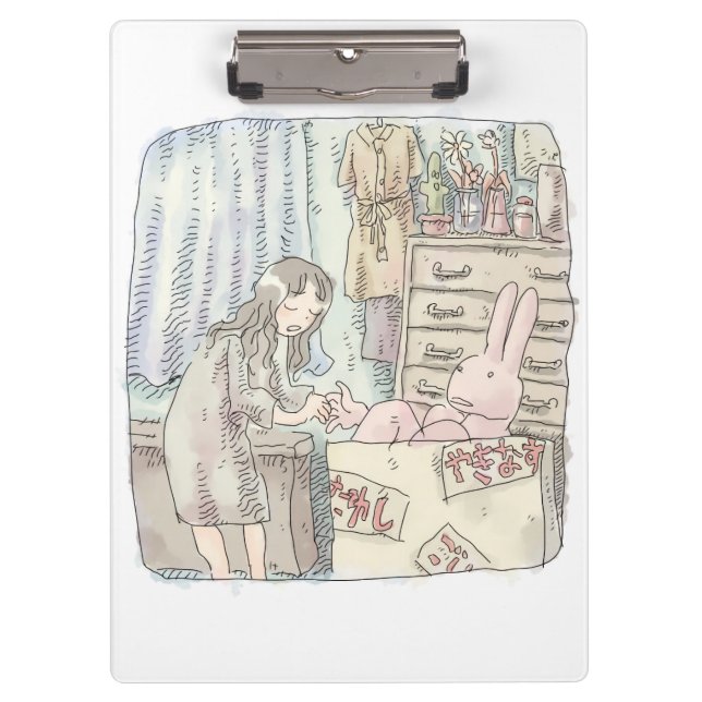 a woman's illustration that reaches for a rabbit i clipboard (Front)