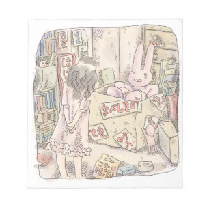 A woman's illustration watching a rabbit trembling notepad