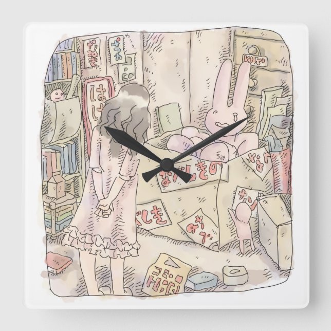 A woman's illustration watching a rabbit trembling square wall clock (Front)